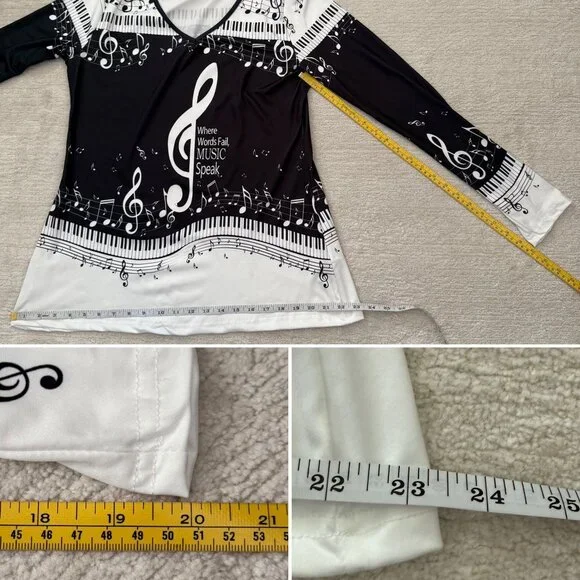 Music Notes Long Sleeve Top Size M Black White V Neck Piano Keys Print - Picture 5 of 9